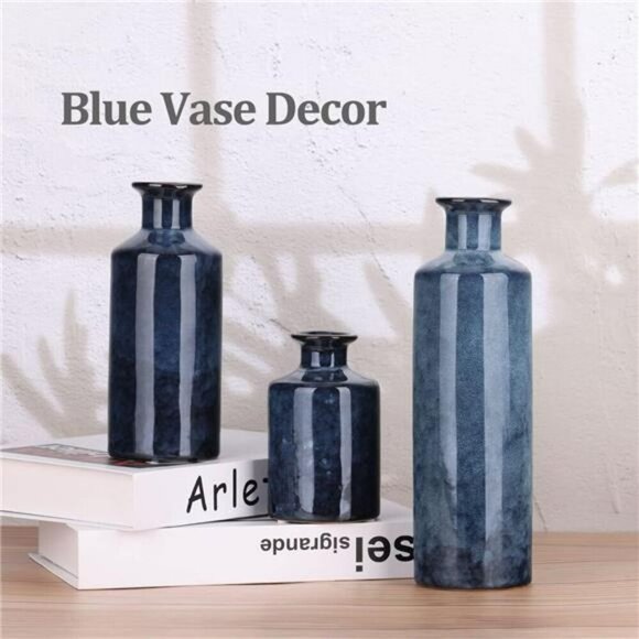 Blue Ceramic Vase Set of 3 Small Modern Farmhouse Decor Table Centerpiece - Picture 5 of 8